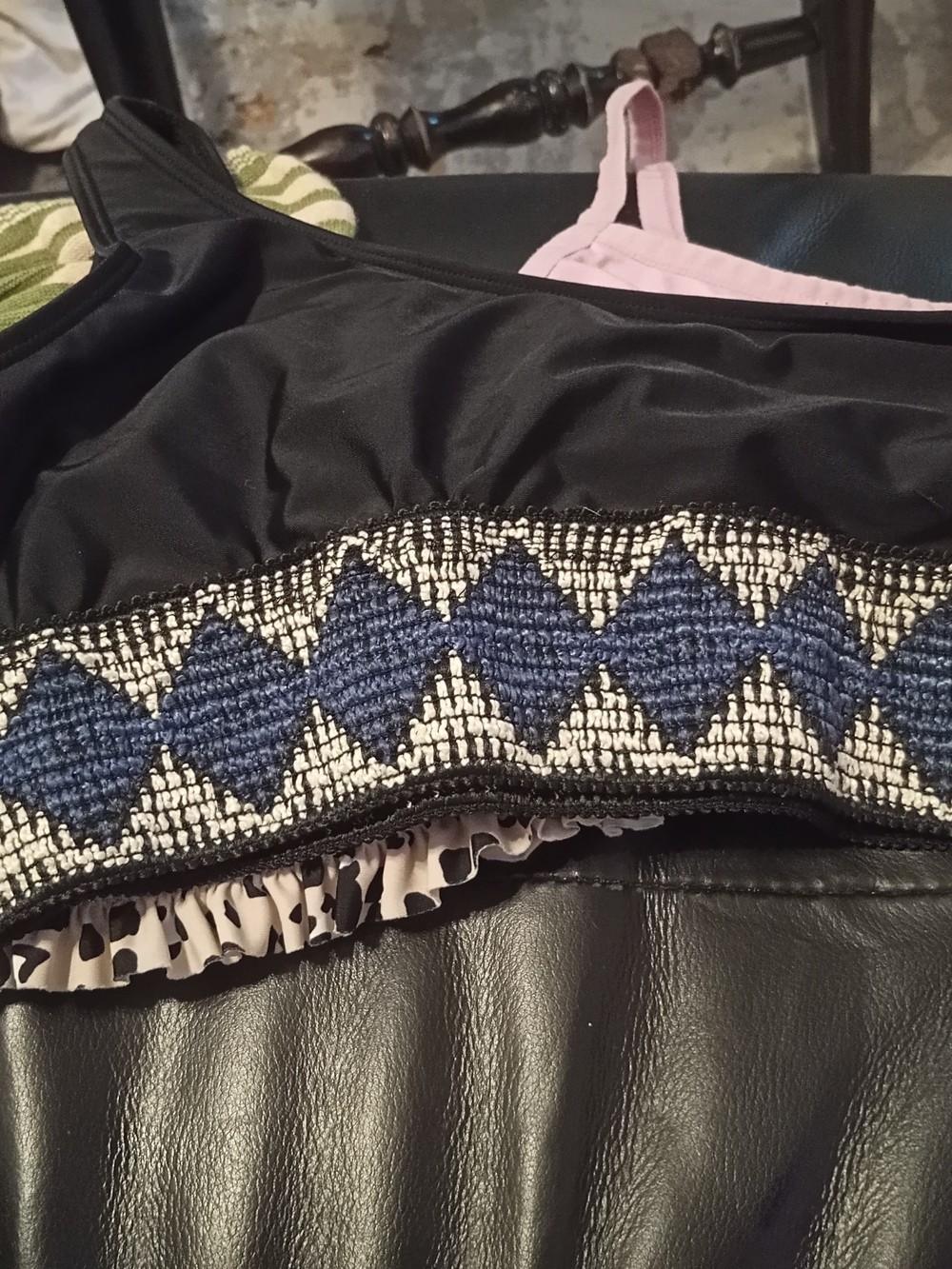Woven Diamond Trim Black Bras with Navy Accents